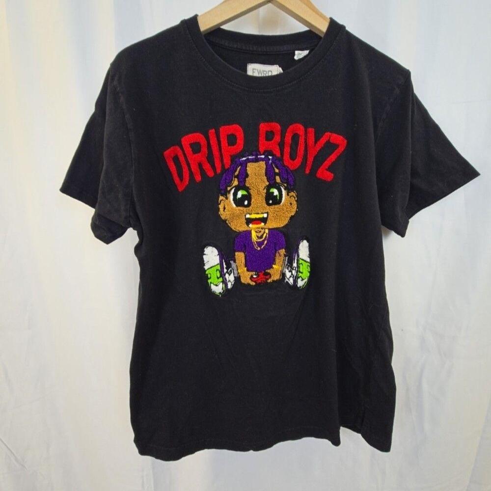 FWRD Denim Shirt Mens XL Black Drip Boyz Embroidered Graphic Tee Streetwear
